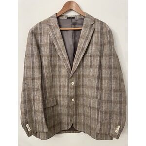 ENZO Tovare Mens Size 44R Sport Coat Blazer 100% Linen Tan Windowpane Plaid Boho